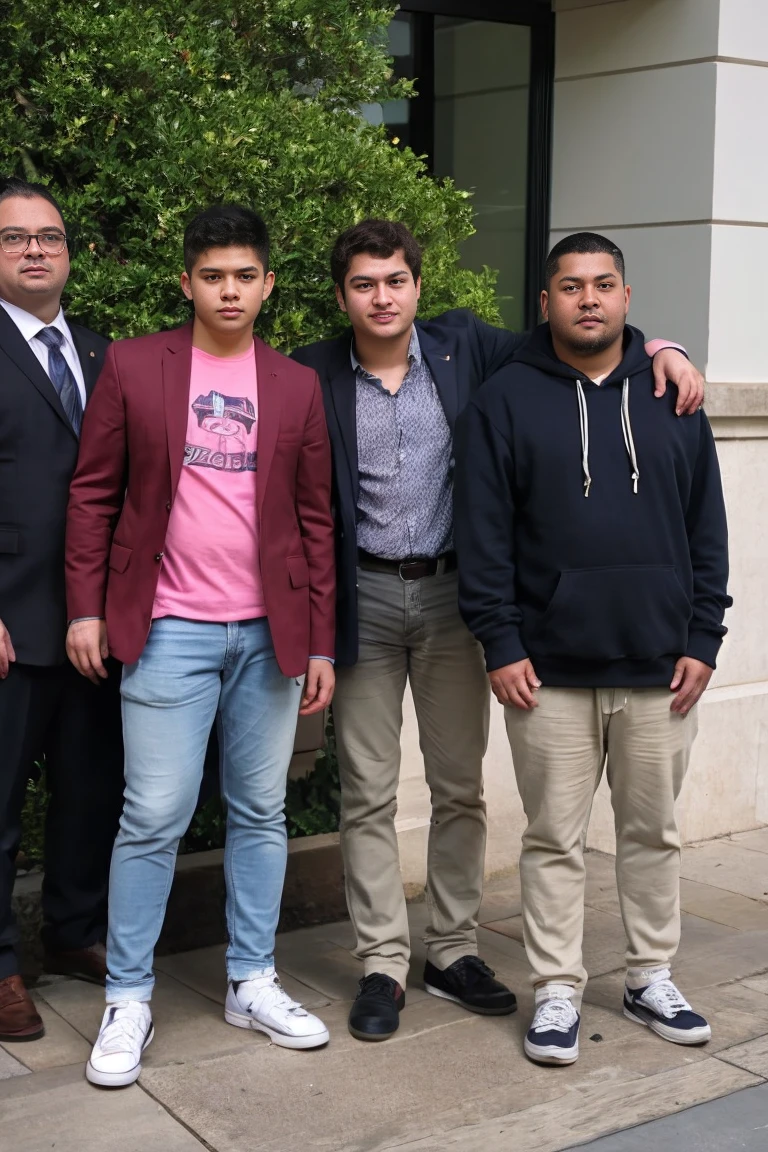 Realistic photo of solo handsome teenage men standing in front of hotel garden
