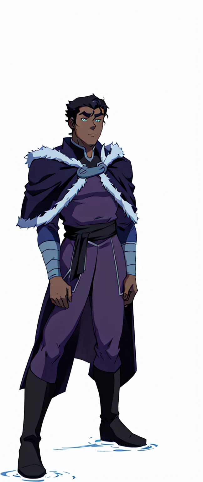 African-American, Bolin, water tribe traditional clothing mixed of blue and purple, with fur in shoulders and neck. Long sleeve, skinny, water tribe outfit. A dark blue or black high-collared sleeveless robe or tunic
A purple tabard or overtunic with lighter purple trim
A white fur-trimmed cape or cloak over the shoulders, fastened with a metal clasp
Black pants or leggings
Black boots that come up to just below the knee
A dark wristband or bracelet on one wrist

The character has dark skin, short black hair, and a serious expression. The outfit appears to be a mix of formal and practical styles, possibly indicating a character of some authority or importance in an animated series or film. The color scheme is primarily dark blues, purples, and black, with the white fur trim providing contrast.