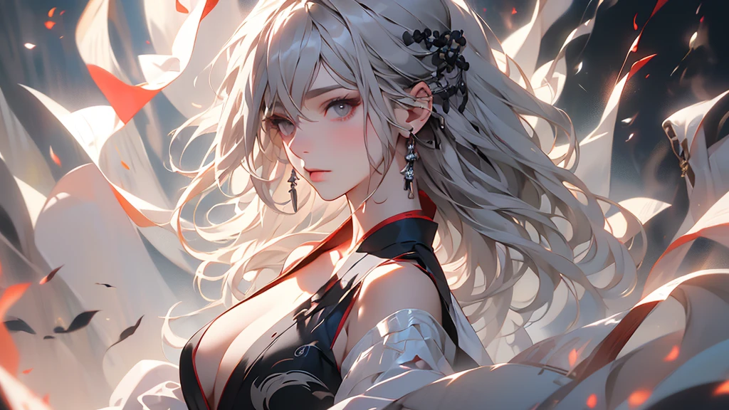 super high quality, masterpiece, Perfect illustration, Very detailed (Exquisite light and shadow, Very dramatic photo,Backlight) , ((Gray Hair:1.5))1 Girl,(( alone:1.6)), (Wearing Han clothes, Black and white Hanfu,Monotony,Long sleeve)  (White smoke:1.3) (Realistic:1.4), Official Art, unity 8k wallpaper, Very detailed, Beautiful and beautiful, masterpiece, Highest quality, (Dynamic Angle: 1.4), Glowing Skin, (Floating colorful flashes: 1) The most beautiful chaotic shapes, elegant, Brutalist Design, Bright colors, Romantic Depth of Field Exotic_dance, half_naked、Expose your shoulders、Ample breasts、Great cleavage、Lean forward
