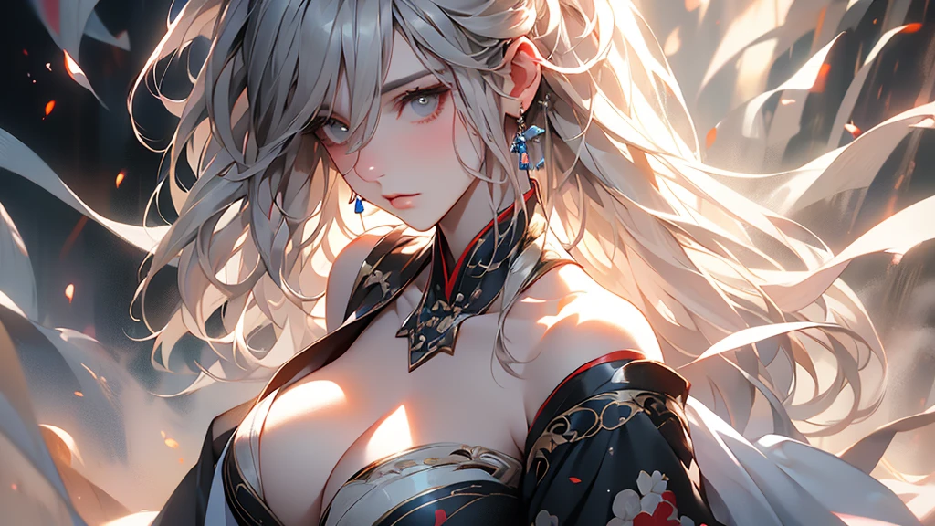 super high quality, masterpiece, Perfect illustration, Very detailed (Exquisite light and shadow, Very dramatic photo,Backlight) , ((Gray Hair:1.5))1 Girl,(( alone:1.6)), (Wearing Han clothes, Black and white Hanfu,Monotony,Long sleeve) (White smoke:1.3) (Realistic:1.4), Official Art, unity 8k wallpaper, Very detailed, Beautiful and beautiful, masterpiece, Highest quality, (Dynamic Angle: 1.4), Glowing Skin, (Floating colorful flashes: 1) The most beautiful chaotic shapes, elegant, Brutalist Design, Bright colors, Romantic Depth of Field Exotic_dance, half_naked、Expose your shoulders、Ample breasts、Great cleavage、Lean forward