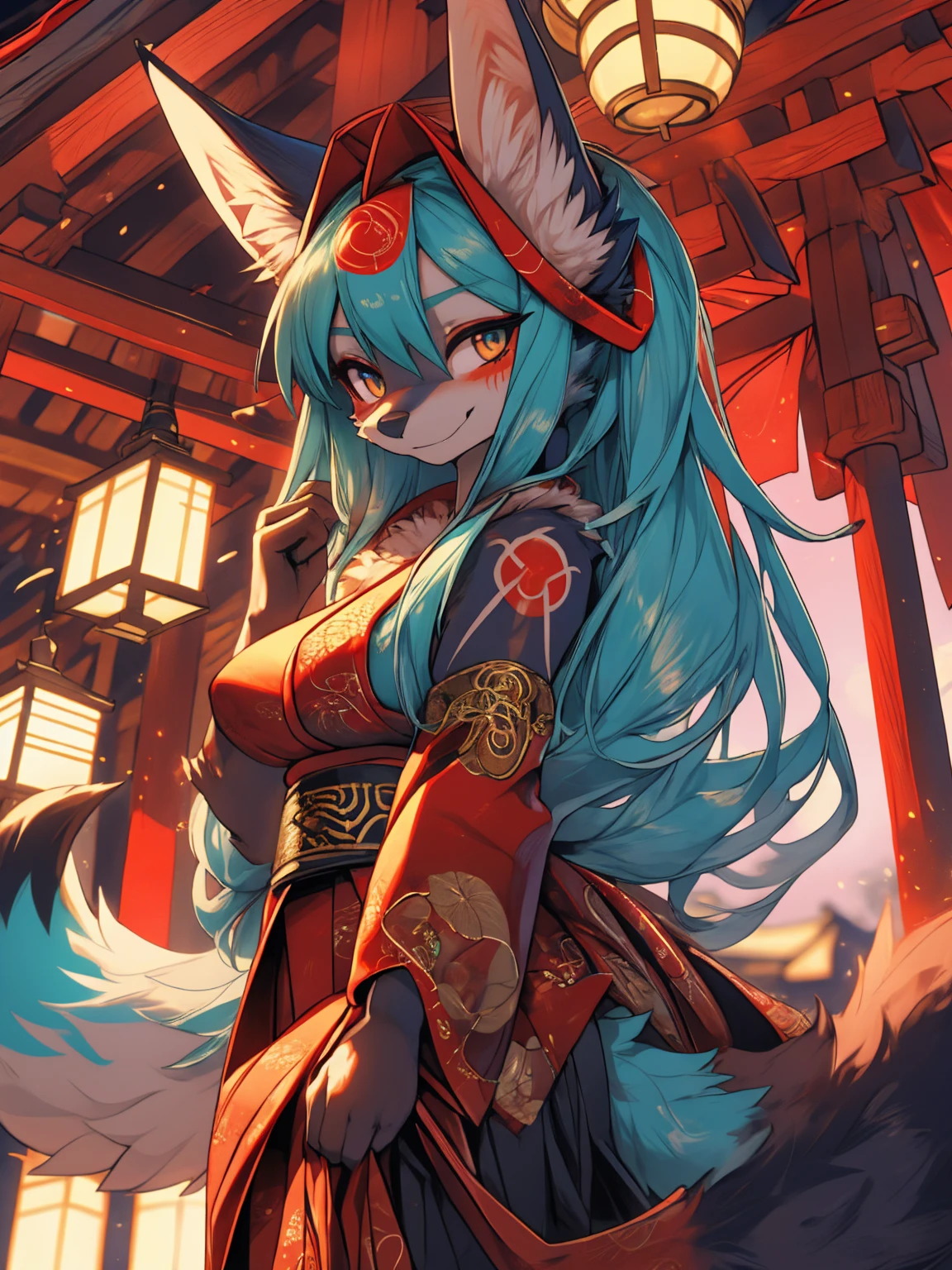 Miku Hatsune, add high definition_detail:1, blue fur,kitsune ears, tribal tattoo add_detail:1, showing her beautiful figure, japanese shrine costume, japanese magic shrine add_detail, Eclipse solar, smiling add_detail:1, horny teen add_detail, fox face elongated snout add_detail:1