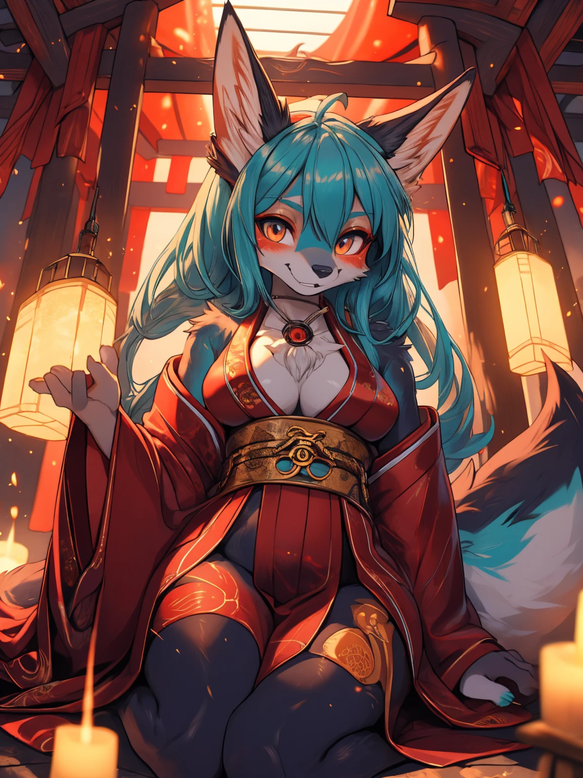 Miku Hatsune, add high definition_detail:1, blue fur,kitsune ears, tribal tattoo add_detail:1, showing her beautiful figure, japanese shrine costume, japanese magic shrine add_detail, Eclipse solar, smiling add_detail:1, horny teen add_detail, fox face elongated snout add_detail:1