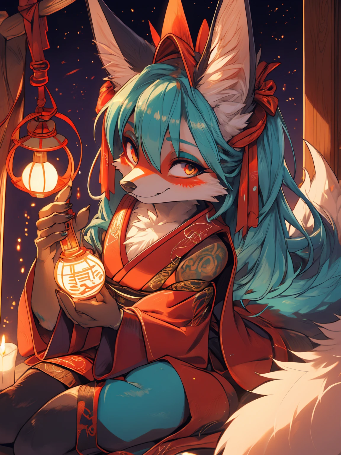 Miku Hatsune, add high definition_detail:1, blue fur,kitsune ears, tribal tattoo add_detail:1, showing her beautiful figure, japanese shrine costume, japanese magic shrine add_detail, Eclipse solar, smiling add_detail:1, horny teen add_detail, fox face elongated snout add_detail:1