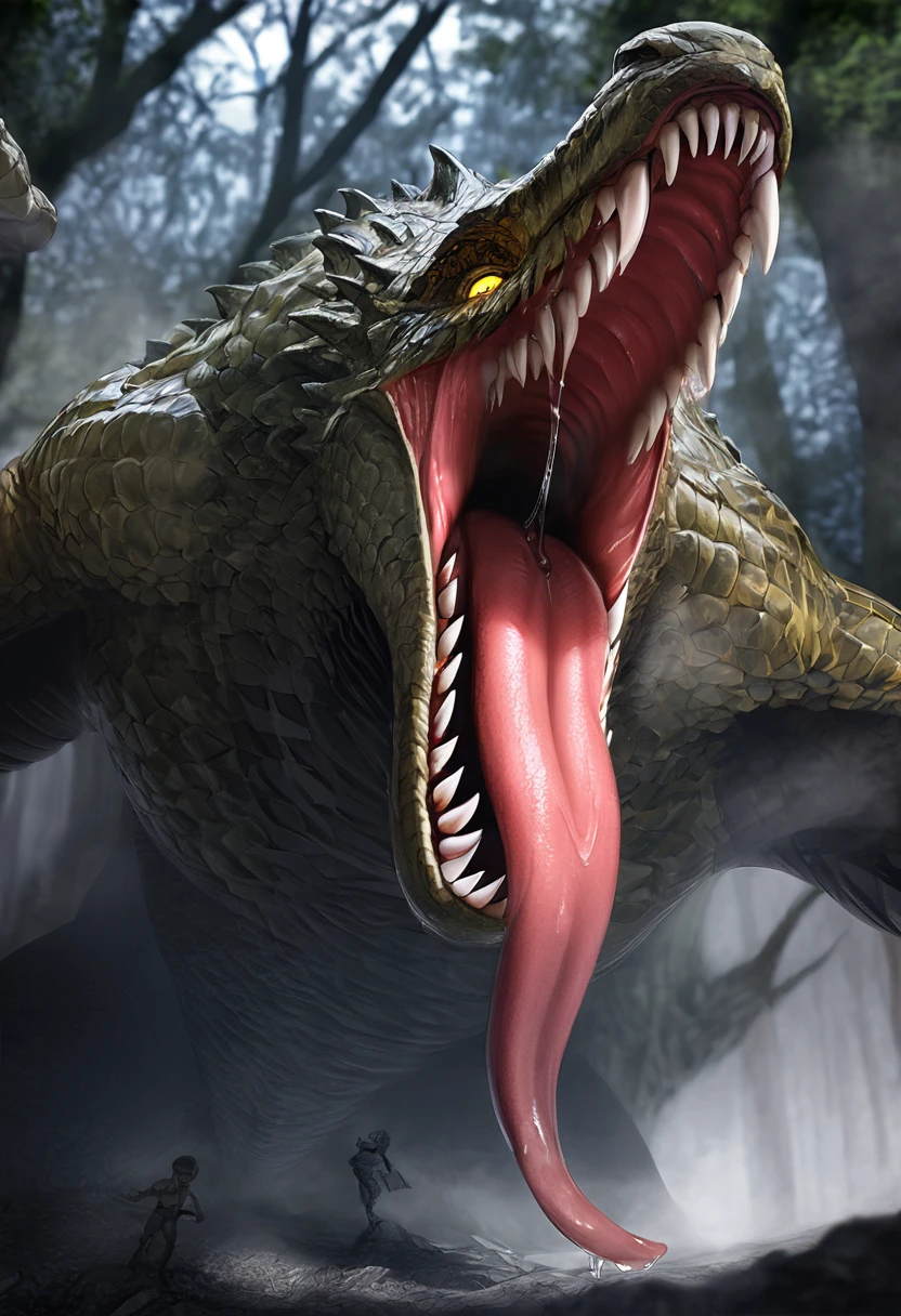 Dragon.Wild.Sharp teeth.Huge body.Approached.黒いmouth.Slimy Throat.scales.Red tongue.A slimy tongue licks me. mouth.Get on your tongue.Physical Difference.naked.Human first person perspective.Closing Arms.Stretch out one hand.A big tongue wraps around my arm.Dripping saliva.Evil yellow eyes staring.mouthが近づいてくる.Swallowed Whole.prey.Hot breath.差し迫ったSwallowed Whole.drool dripping. Shadows Spread.Hot breath.fog.A terrifying growl. Enveloped in darkness.Touching the tongue.Uplifting.forest.nature.Realistic.sense of distance.詳細なmouth内.(masterpiece.Highest quality.)