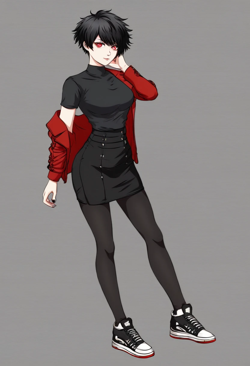 black haired adult woman, long tomboy haircut, hair bangs covering her right eye, red pupils, dark red jacket, black shirt, black skirt, black waist leggings, black sneakers, Tokyo Ghoul artstyle, Full body in anime style