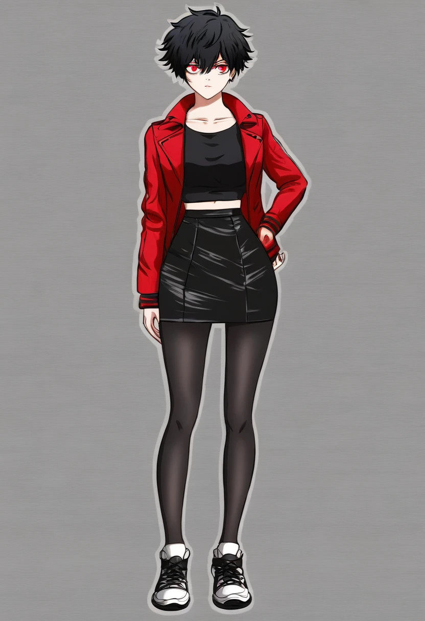 black haired adult woman, long tomboy haircut, hair bangs covering her right eye, red pupils, dark red jacket, black shirt, black skirt, black waist leggings, black sneakers, Tokyo Ghoul artstyle, Full body in anime style