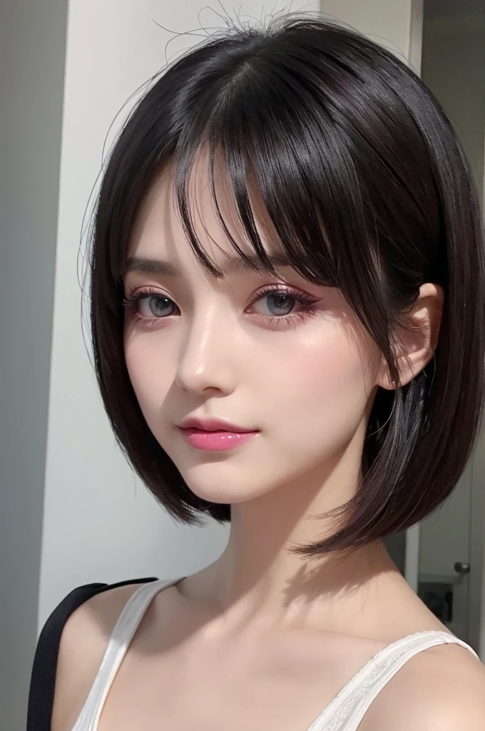best quality, Delicate face, Pretty Face,Magenta  eyes，Shoulder-length black hair ，25-year-old female, Slim body, Small bust, Low-cut fitted dress,A long bang on the left side of the face