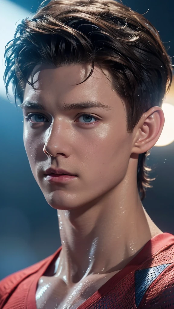 Tom holland, wet look, sensual pose, detailed portrait, hyper realistic, CGI style, cinematic color, 8k, best quality, masterpiece, photorealistic, sharp focus, physically-based rendering, extreme detail description, professional, vivid colors, bokeh, studio lighting, ultra-fine painting
