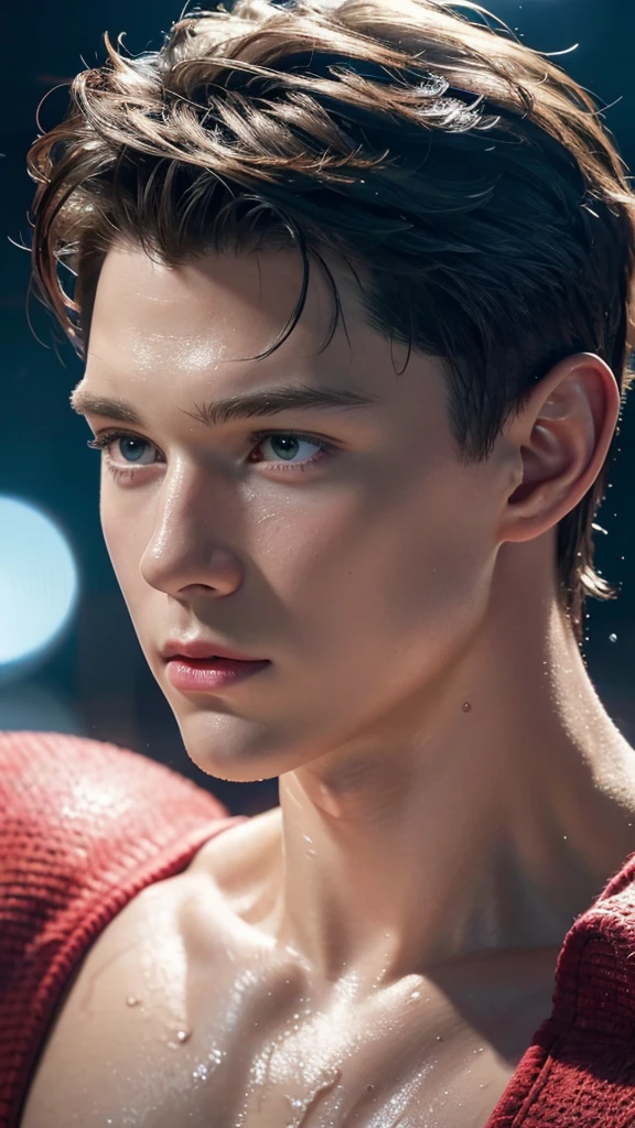 Tom holland, wet look, sensual pose, detailed portrait, hyper realistic, CGI style, cinematic color, 8k, best quality, masterpiece, photorealistic, sharp focus, physically-based rendering, extreme detail description, professional, vivid colors, bokeh, studio lighting, ultra-fine painting