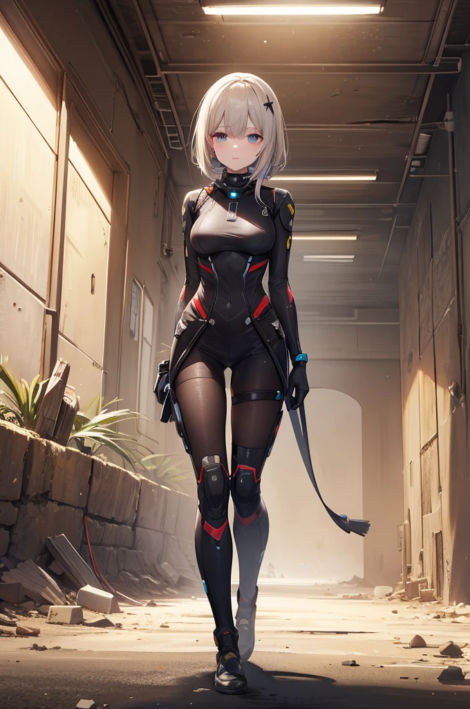 ((best quality)), desert, black sand, an abandoned building in the distance, woman, hi-tech costume, sci-fi costume