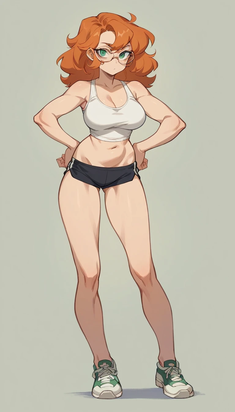 1 woman , wavy orange hair , green eyes , sly face , wear glasses , white tank top , black underwear belly , big breasts , Long legs , Put your hands on your hips.. , canvas shoes, Drawing model , Surrounding people drawing pictures