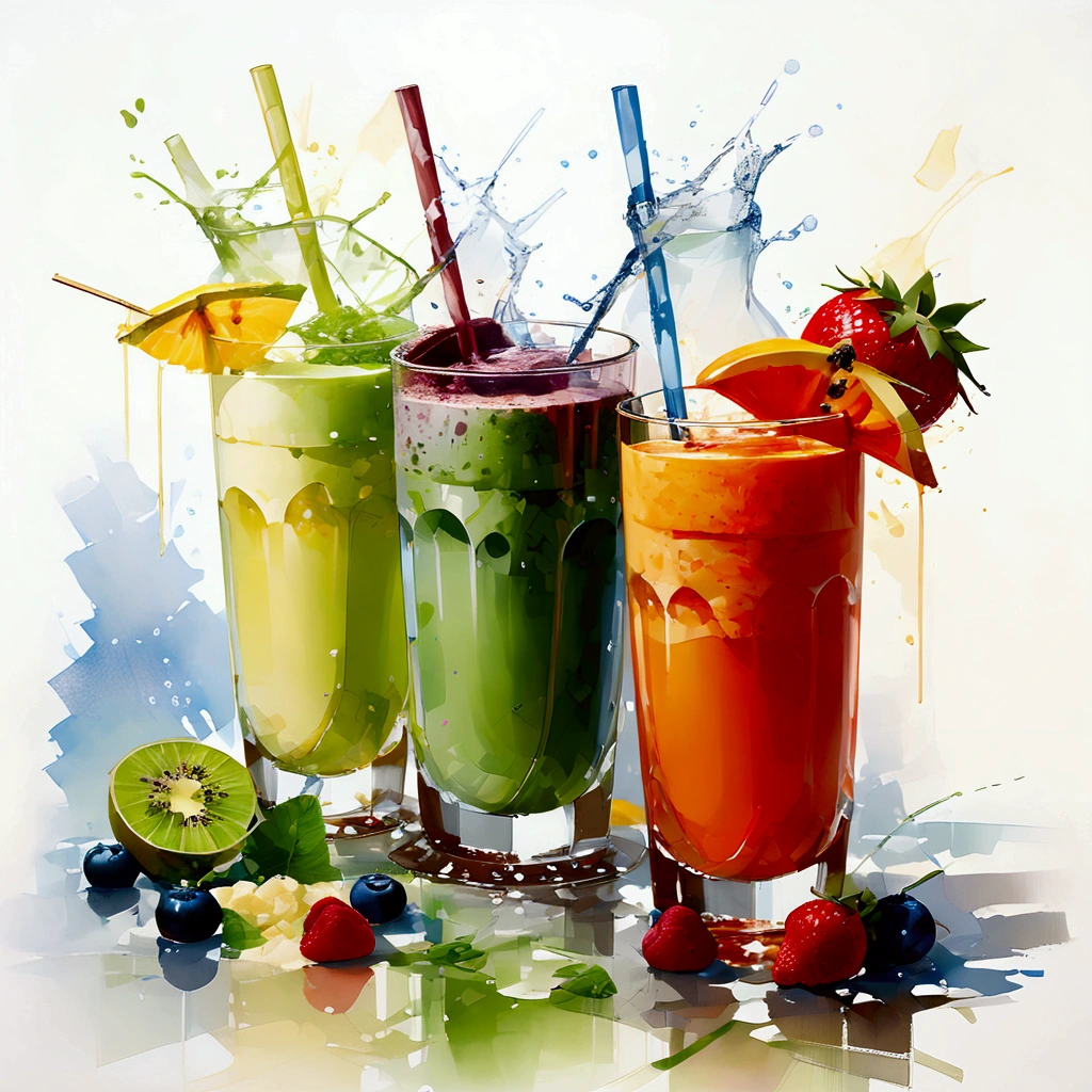 there are two types of colorful healthy drinks, two glasses, the glasses sitting on a surface, juices, smoothie and infused water , illustration, isolated with solid white background, surrounded with negative space, centered composition, highest detailed painting, very precise line, Isolated, clear (((solid white background))), perspective angle of view, (lora:add-detail-xl:0), (masterpiece), (best quality), (oil and watercolor painting:1)