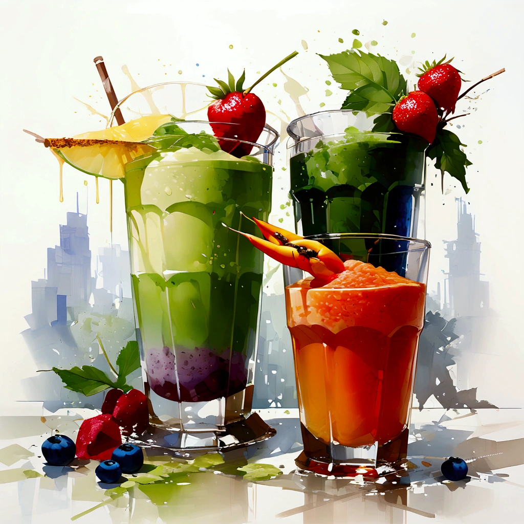 there are two types of colorful healthy drinks, two glasses, the glasses sitting on a surface, juices, smoothie and infused water , illustration, isolated with solid white background, surrounded with negative space, centered composition, highest detailed painting, very precise line, Isolated, clear (((solid white background))), perspective angle of view, (lora:add-detail-xl:0), (masterpiece), (best quality), (oil and watercolor painting:1)