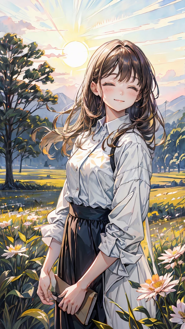 landscape,watercolor, flower, Standing in the distance,Long Hair, smile, shirt, uniform , bangs, Upper Body, plant, setting sun , leaf, Mouth closed, Traditional Media, Brown Hair,Sunset sky,Sunset