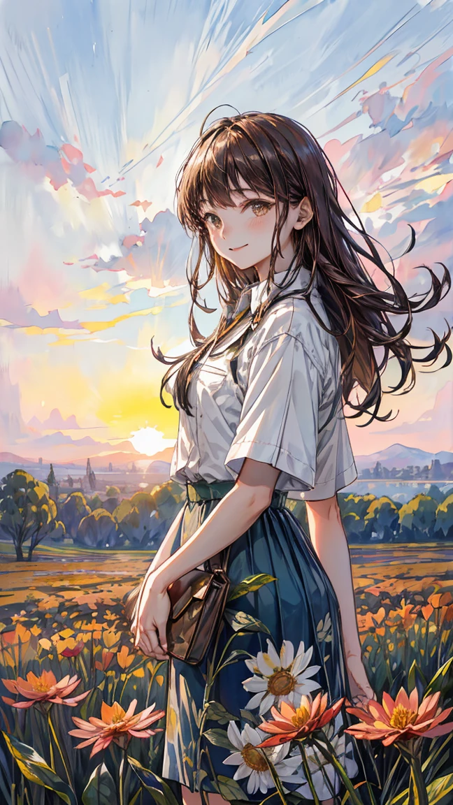landscape,watercolor, flower, Standing in the distance,Long Hair, smile, shirt, uniform , bangs, Upper Body, plant, setting sun , leaf, Mouth closed, Traditional Media, Brown Hair,Sunset sky,Sunset