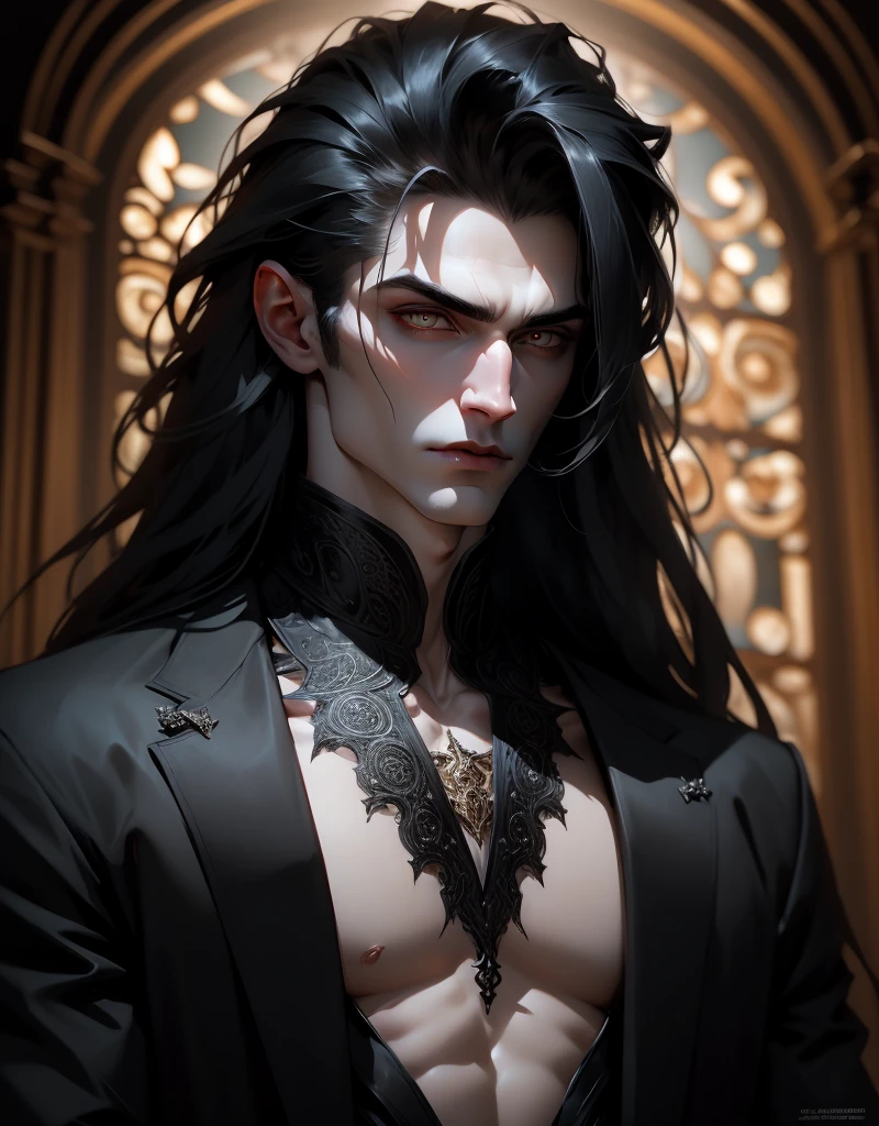 {anatomy}(Masterpiece - Ultra-detailed, very high resolution) Prepare to be enchanted by a true masterpiece that combines ultra-detailed art with high-resolution rendering. This work portrays a vampire man with long black hair (1.3) and captivating golden eyes (1.2), emanating an aura of mystery in decadent settings. The intricate details and realistic textures invite you to explore every aspect of this enchanting composition. Vampire man wearing black. Serious expressions. Pale skin like a vampire.