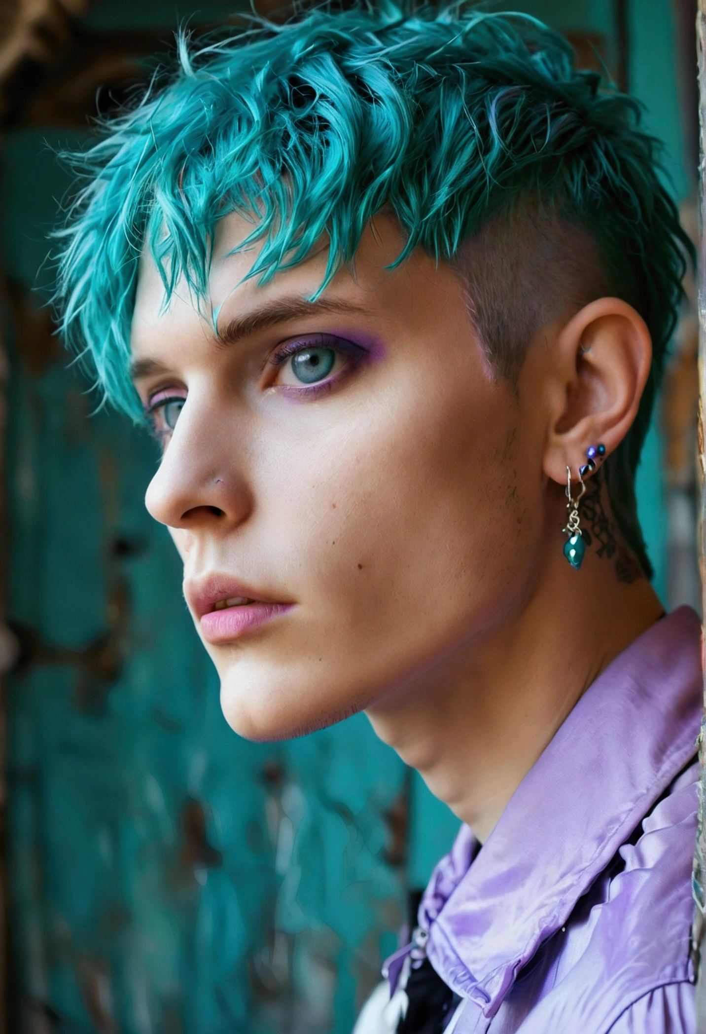 short turquoise hair, skinny man, pastel goth, earrings, pale skin, purple eyes