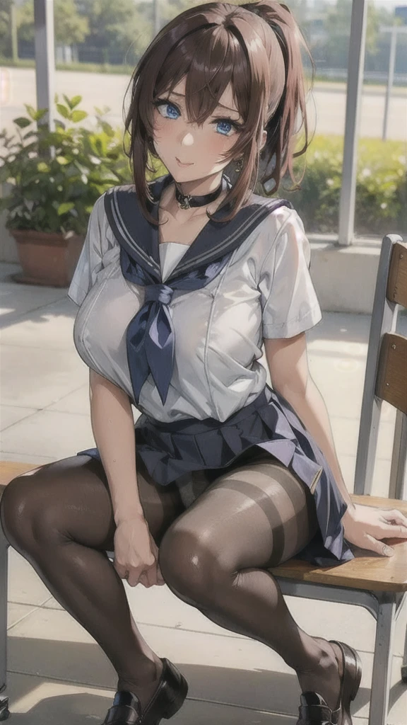 ((Correct Anatomy)),(Female student),((school uniform)),((Sailor suit)),((Lace panties)),(Mini Pleated Skirt),(((Black Pantyhose))),Ultra-high resolution,Mature Woman, Mature Woman, Very detailed,Sunburned skin,Brown Skin,((Beautiful feet)),(Big Breasts),((Beautiful legs)),Perfect hands, Detailed fingers, Beautiful details, ((Long Hair)),((ponytail)),Black Choker, Earrings,loafers,Embarrassing,Perfect Eyes, Captivating eyes