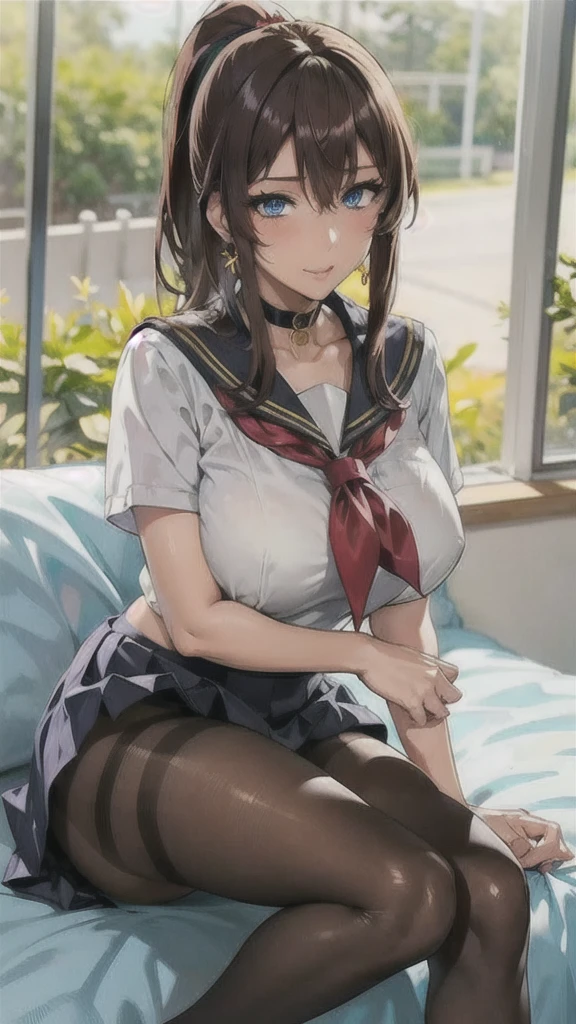 ((Correct Anatomy)),(Female student),((school uniform)),((Sailor suit)),((Lace panties)),(Mini Pleated Skirt),(((Black Pantyhose))),Ultra-high resolution,Mature Woman, Mature Woman, Very detailed,Sunburned skin,Brown Skin,((Beautiful feet)),(Big Breasts),((Beautiful legs)),Perfect hands, Detailed fingers, Beautiful details, ((Long Hair)),((ponytail)),Black Choker, Earrings,loafers,Embarrassing,Perfect Eyes, Captivating eyes