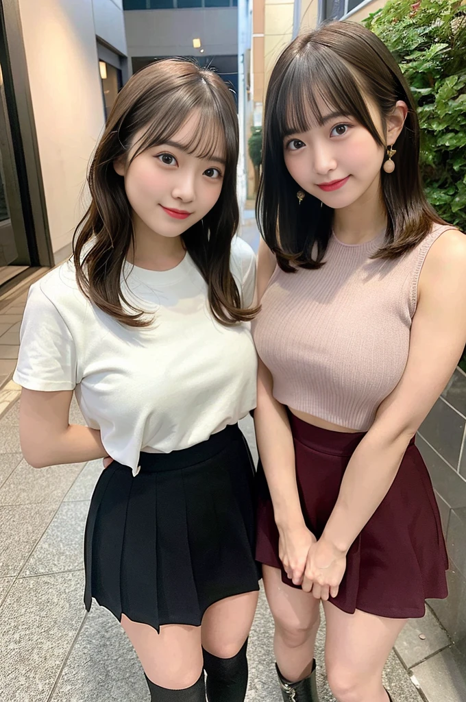 masterpiece, Better Quality, High resolution, Two girls side by side、Short Bob、Two Young Women、Female college student、Skirt、Amateur Girls、outside of home、masturbation behavior、Masturbation、when、belly button、kiss、Short Bob、 Laughter,Happy Face,,(Big Breasts:1.1)、Thighs Thighs Thighs Thighs