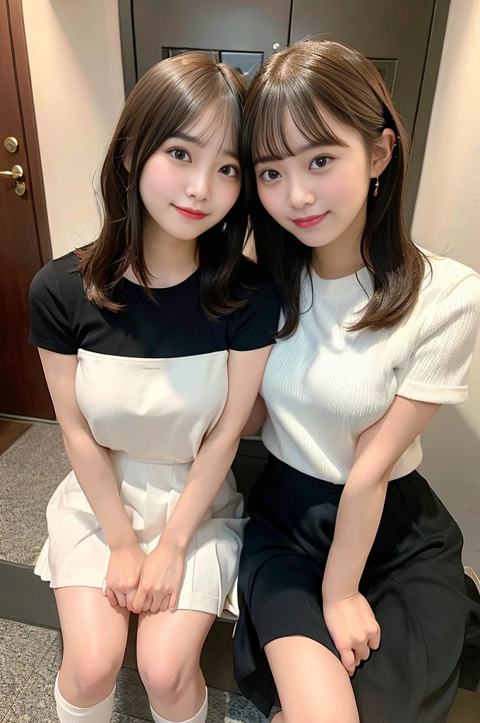 masterpiece, Better Quality, High resolution, Two girls side by side、Short Bob、Two Young Women、Female college student、Skirt、Amateur Girls、outside of home、masturbation behavior、Masturbation、when、belly button、kiss、Short Bob、 Laughter,Happy Face,,(Big Breasts:1.1)、Thighs Thighs Thighs Thighs