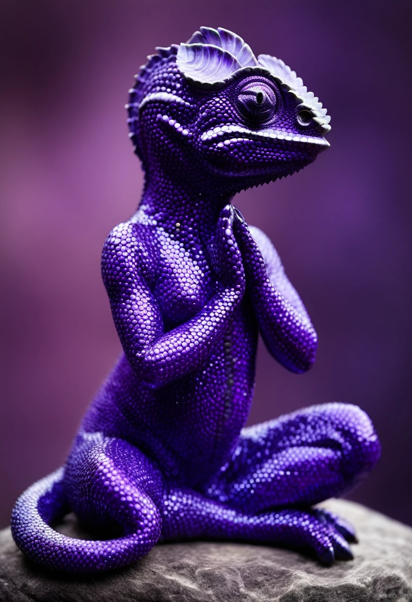 Beautiful girl, goddess stone chameleon, personification of amethyst, sensual pose, calm thoughtful look. The color of the goddess&#39;s dress echoes the purple irises, in the style of Alphonse Mucha