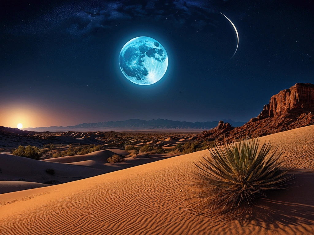 desert, full moon, HDR, 4k resolution , shooting star, best quality, realistic, rim-light, fantasy