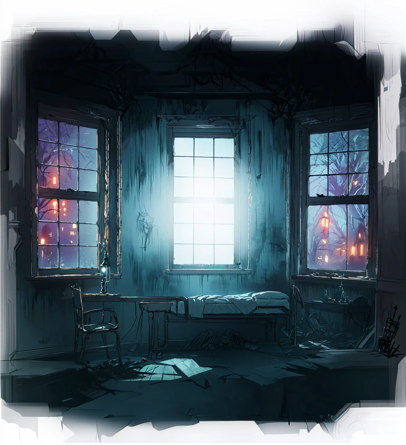 There is a bed in the room，There are two windows， Spooky room,Suspenseful and weird room，Anime style，Fifth Personality， photorealistic dark Concept Art, Spooky room, eerie nostalgic Concept Art, Horrifying Room, Dramatic Lighting. Concept Art, resident evil virus Concept Art, in a darkly lit laboratory room, Interior of the post-apocalyptic room, Haunted House, Scenes