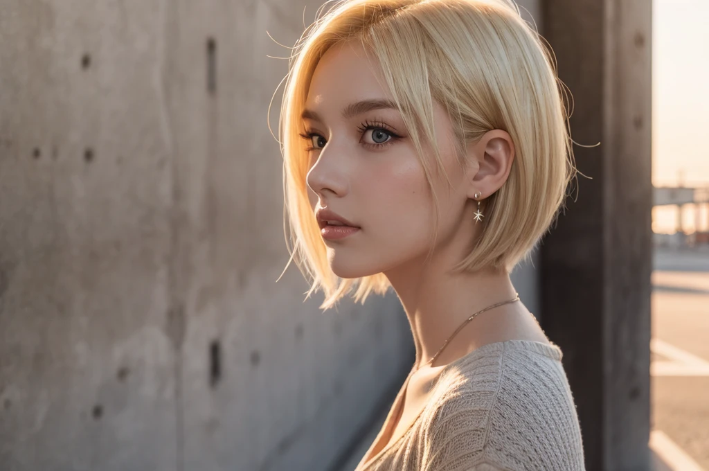 Close-up portrait, Sexy SS Blonde, parted lips, lips, Casual Dresses, View your viewers, Concrete wall background, Sunset Light, Realistic,short hair