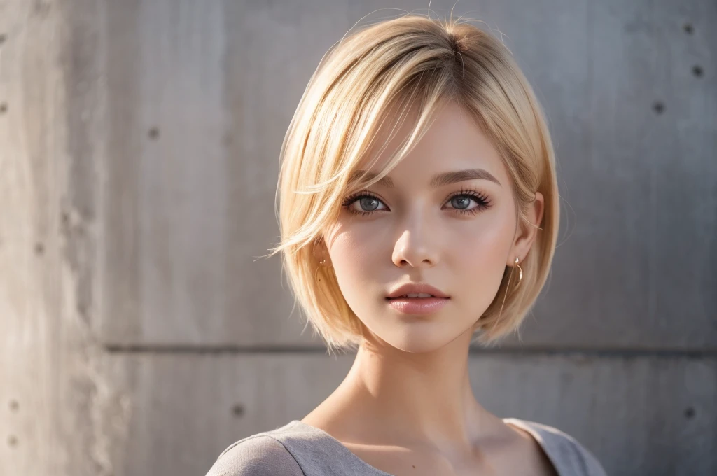 Close-up portrait, Sexy SS Blonde, parted lips, lips, Casual Dresses, View your viewers, Concrete wall background, Sunset Light, Realistic,short hair