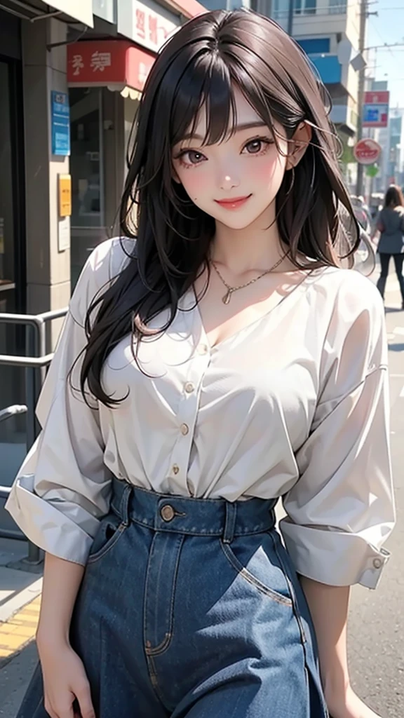 Woman in her 20s、Slim figure。(Upper Body) , With a smile, 彼女はjoyを表現した, 美しくてsmile, Laugh gently, かわいいsmile, 美しいWith a smile, Happy and cheerful expression, And she laughs,very happy,Friendly atmosphere,joy,Happy feeling,Her hair is brownish black in color.、Long hair with bangs。With big double eyes、((smile)),The outfit is feminine and suitable for a date.、Wearing a blouse and skirt。She wears a dainty necklace as an accessory.。The pose is of someone walking down the street。The background is the city during the day、The weather is fine。(masterpiece、Highest quality)、Best details ,