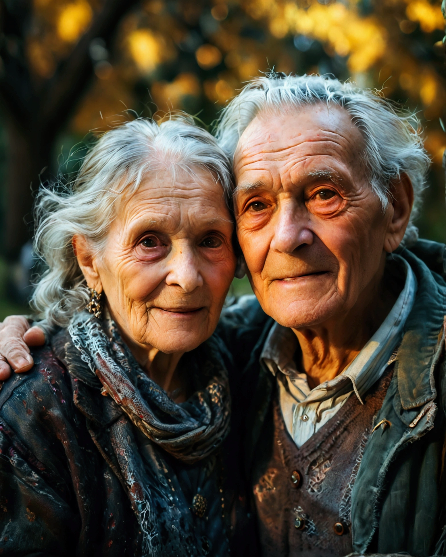 Grandparents couple, elderly couple, happy, old and old dog,  (Foto RAW, real, best qualityer, Masterpiece artwork: 1.2), (Hiper realisitic, realisitic: 1.2), high qualiy, (dark ilumination: 1.2), perfect lighting, Lightroom, 35mm films, cinemactic, dimmed colors, dark shot, Muted colours, grainy film, lute, insane details, Intricate details, ambient light, sunshine light, Social clothes, in park, plein-air, strong sunshine, flare light, 8K