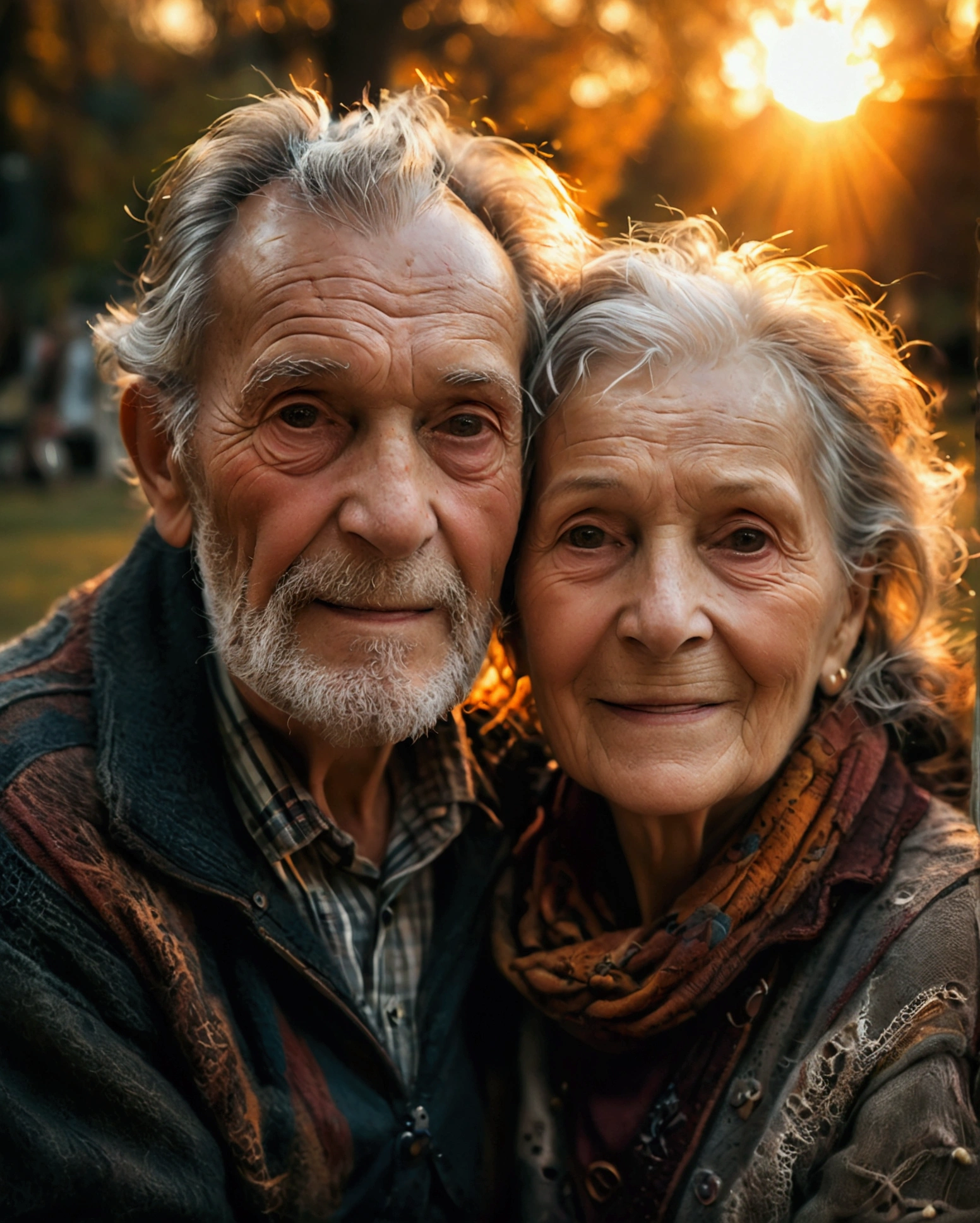 Grandparents couple, elderly couple, happy, old and old dog, (Foto RAW, real, best qualityer, Masterpiece artwork: 1.2), (Hiper realisitic, realisitic: 1.2), high qualiy, (dark ilumination: 1.2), perfect lighting, Lightroom, 35mm films, cinemactic, dimmed colors, dark shot, Muted colours, grainy film, lute, insane details, Intricate details, ambient light, sunshine light, Social clothes, in park, plein-air, strong sunshine, flare light, 8K