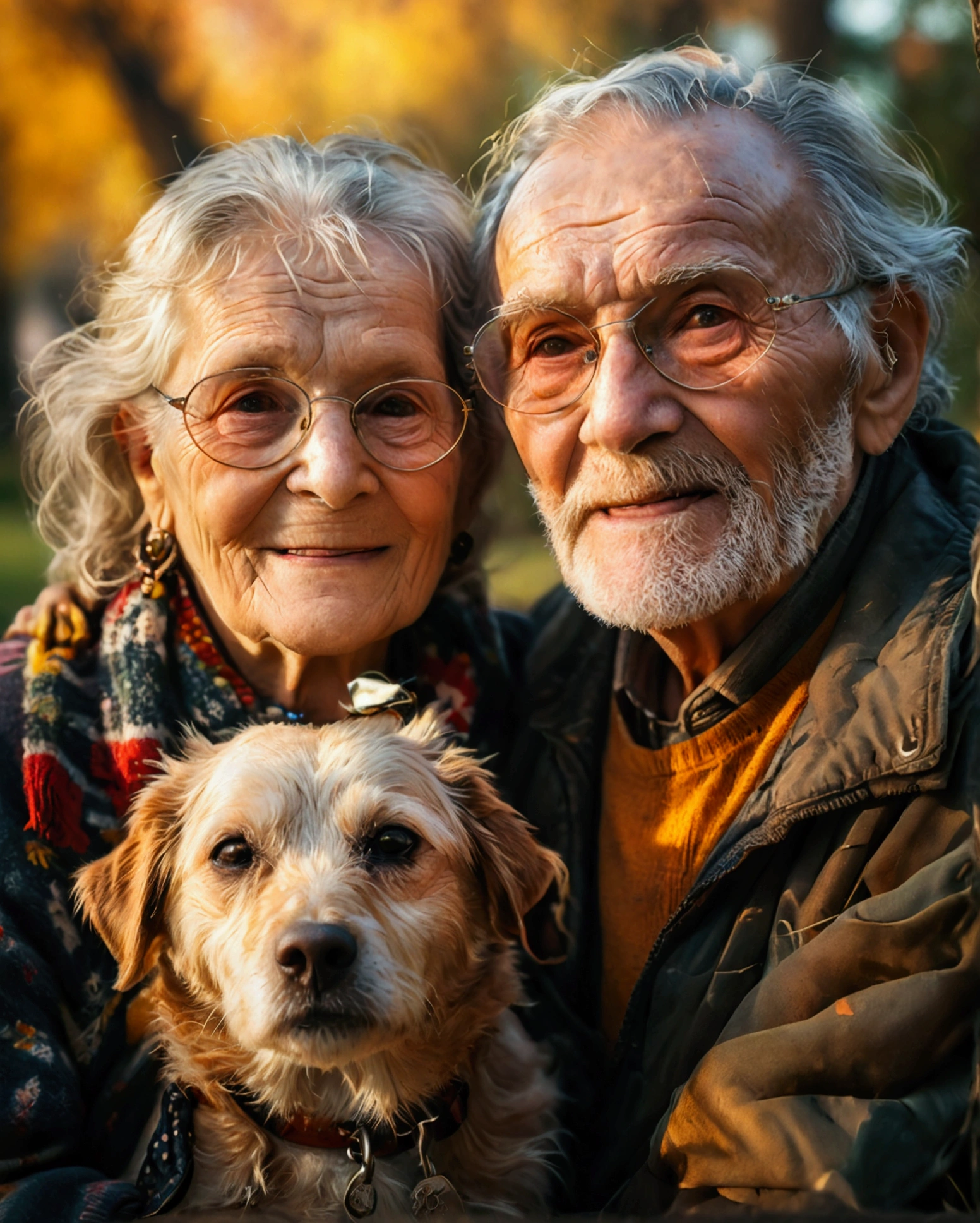 Grandparents couple, elderly couple, happy, old and old dog, (Foto RAW, real, best qualityer, Masterpiece artwork: 1.2), (Hiper realisitic, realisitic: 1.2), high qualiy, (dark ilumination: 1.2), perfect lighting, Lightroom, 35mm films, cinemactic, dimmed colors, dark shot, Muted colours, grainy film, lute, insane details, Intricate details, ambient light, sunshine light, Social clothes, in park, plein-air, strong sunshine, flare light, 8K