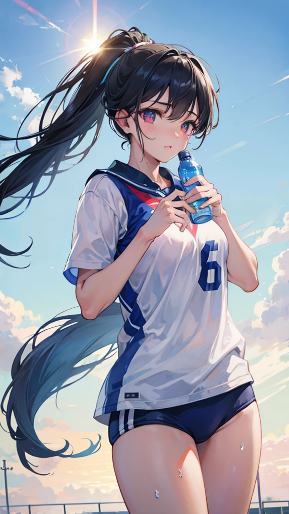 A female track and field athlete, 18 years old, drinking water from a water bottle, wearing a sports uniform, with black hair in a ponytail, red eyes, sweating, on a school sports field, bright sunlight, clear blue sky, summer, (best quality,4k,8k,highres,masterpiece:1.2),ultra-detailed,(realistic,photorealistic,photo-realistic:1.37),extremely detailed eyes and face,beautiful detailed eyes,beautiful detailed lips,longeyelashes,highly detailed athletic uniform,sweat glistening on skin,dynamic pose,sun flare,vibrant colors,cinematic lighting