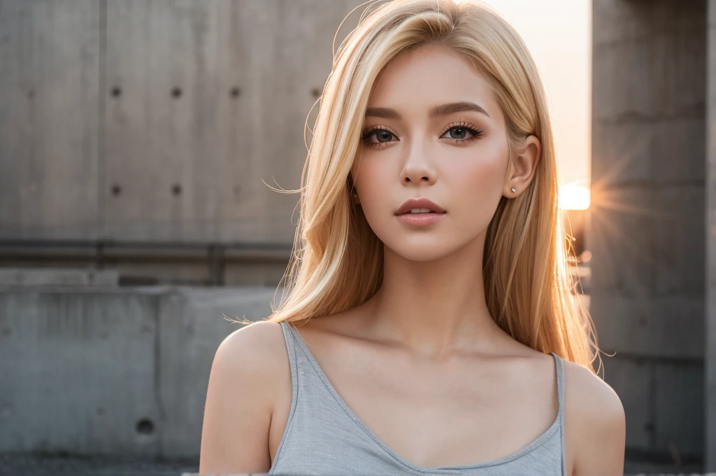 Close-up portrait, Sexy SS Blonde, parted lips, lips, Casual Dresses, View your viewers, Concrete wall background, Sunset Light, Realistic