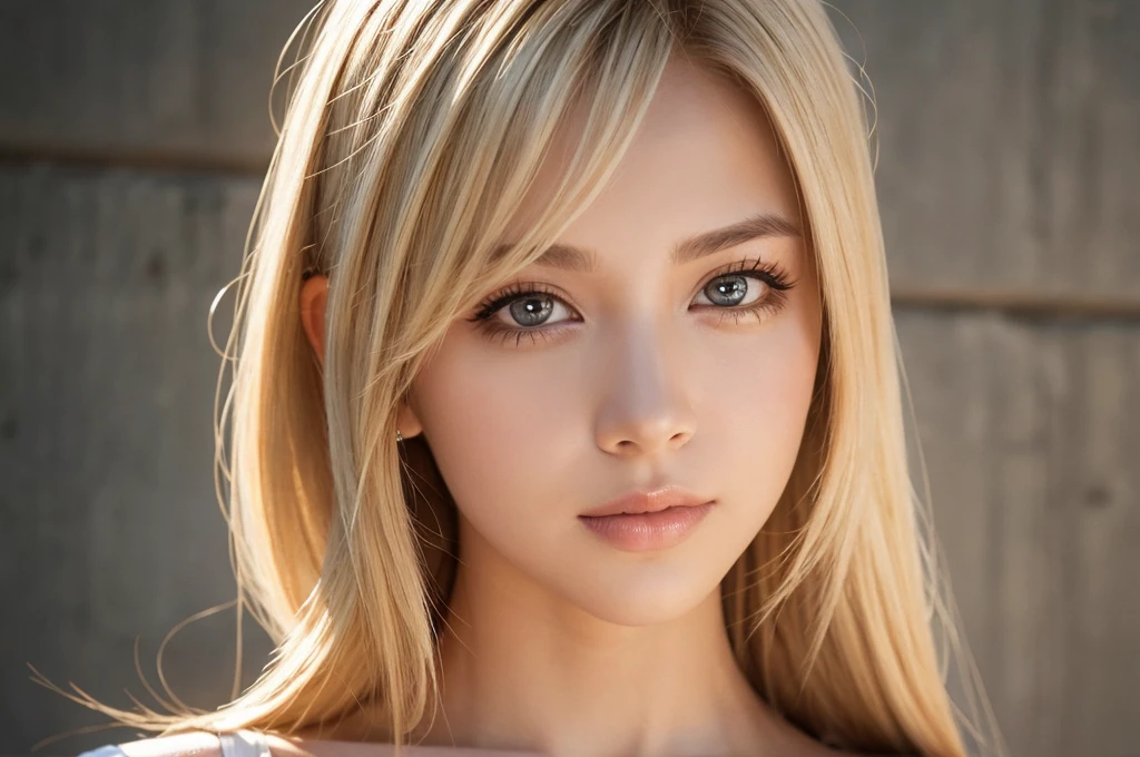 Close-up portrait, Sexy SS Blonde, parted lips, lips, Casual Dresses, View your viewers, Concrete wall background, Sunset Light, Realistic