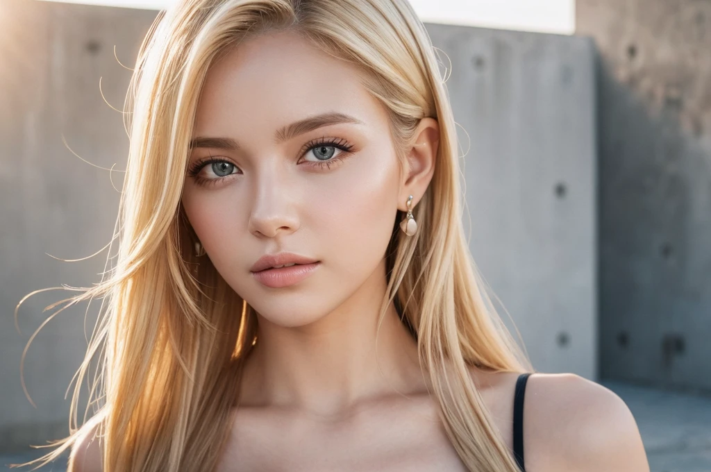 Close-up portrait, Sexy SS Blonde, parted lips, lips, Casual Dresses, View your viewers, Concrete wall background, Sunset Light, Realistic