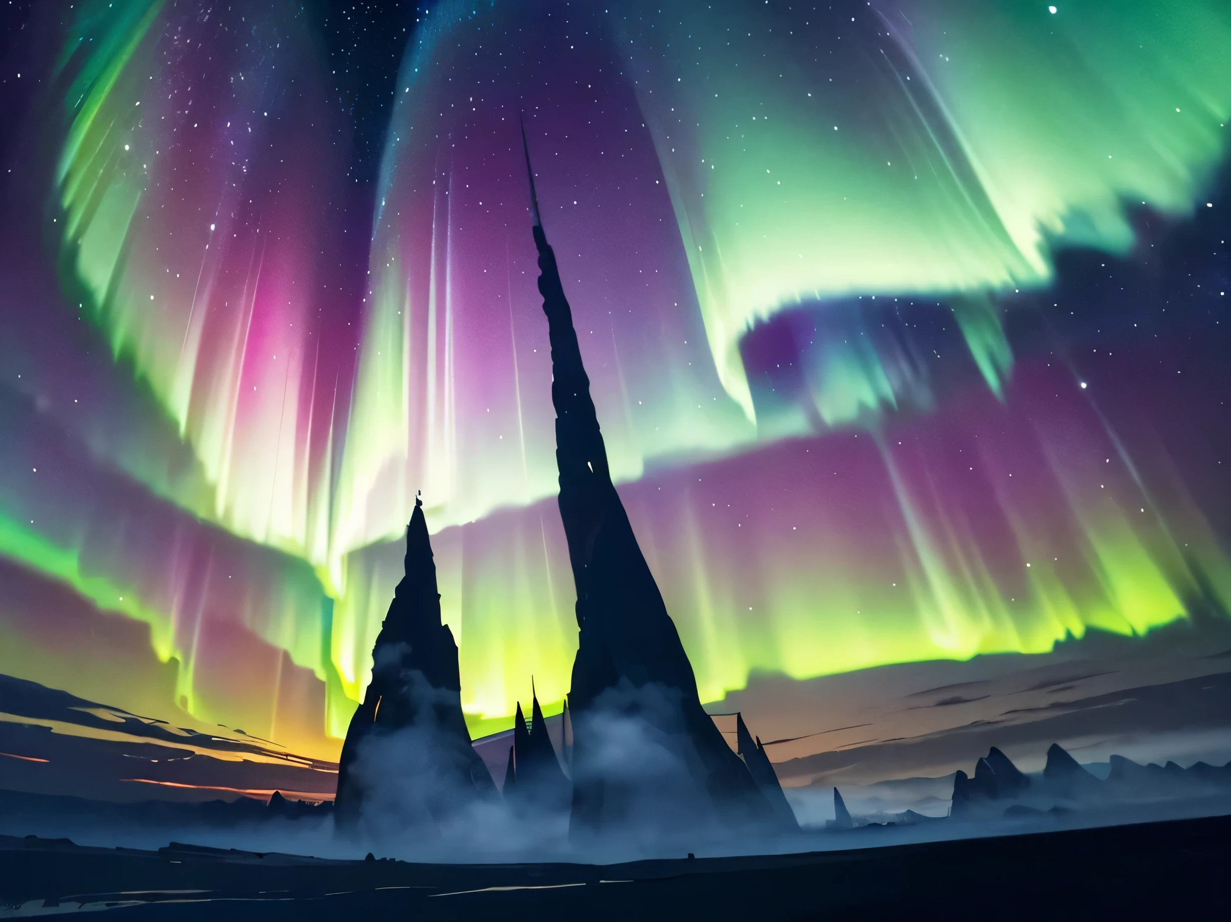 a starry night sky with northern lights, detailed galaxy, atmospheric fog, cinematic lighting, photorealistic, ultra-detailed, dramatic, vibrant colors, dynamic composition, glowing aurora borealis, serene and peaceful, (best quality,8k,highres,masterpiece:1.2),realistic,photo-realistic:1.37