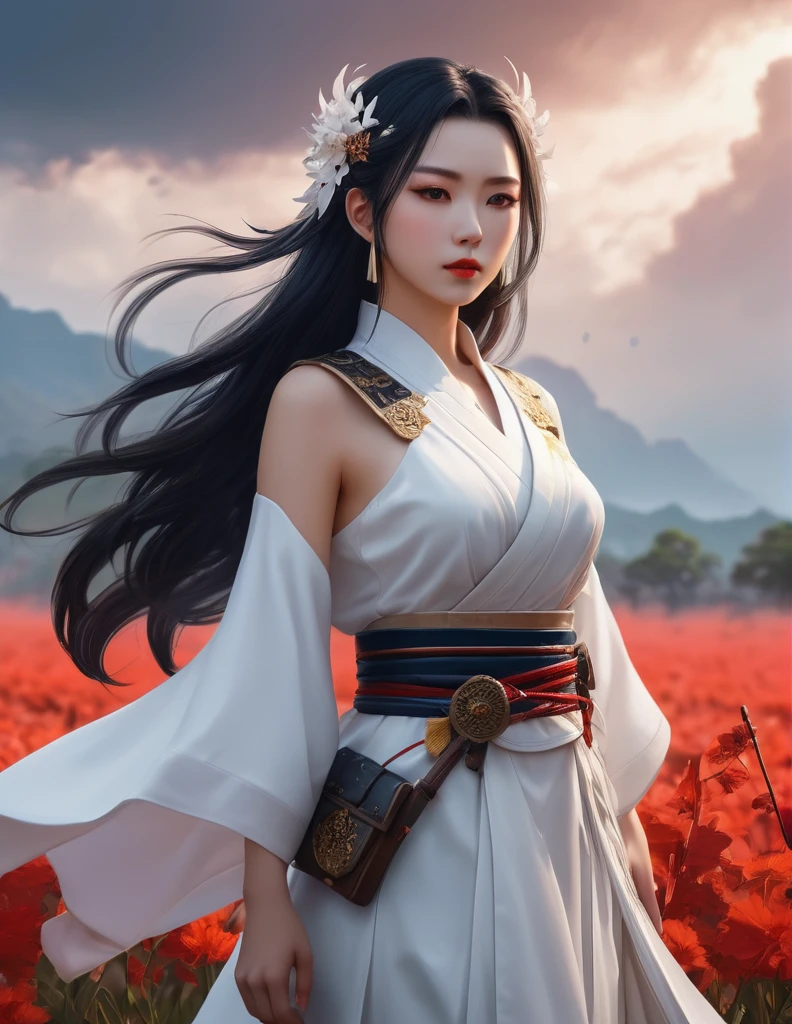 quality(8k wallpaper of extremely detailed CG unit, ​masterpiece, hight resolution, top-quality, top-quality real texture skin,hyper realisitic, digitial painting,increase the resolution,RAW photos，best qualtiy,highly detailed,the wallpaper),BREAK,8K, Girl in white dress, darkfantasy, onmyoji-style art, standing in middle of war field 