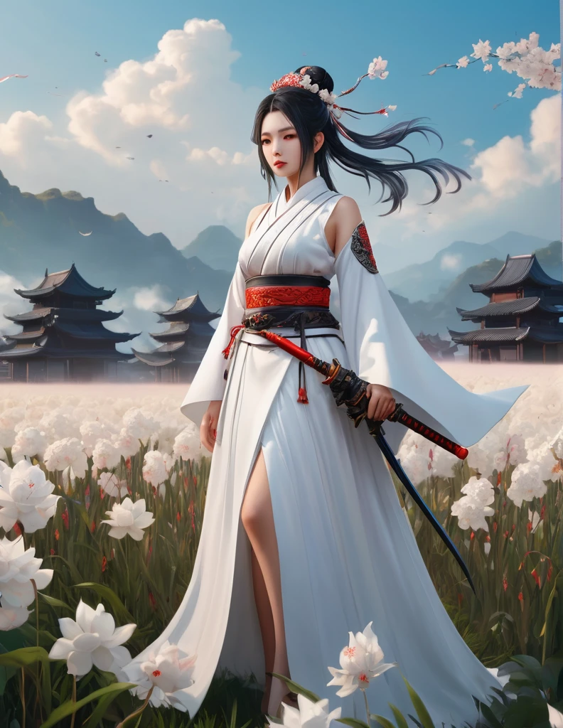quality(8k wallpaper of extremely detailed CG unit, masterpiece, hight resolution, top-quality, top-quality real texture skin,hyper realisitic, digitial painting,increase the resolution,RAW photos,best qualtiy,highly detailed,the wallpaper),BREAK,8K, Girl in white dress, darkfantasy, onmyoji-style art, standing in middle of war field