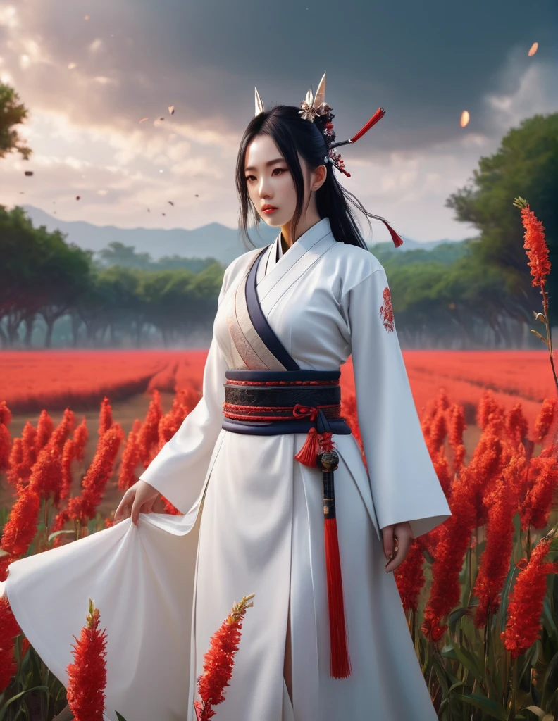quality(8k wallpaper of extremely detailed CG unit, masterpiece, hight resolution, top-quality, top-quality real texture skin,hyper realisitic, digitial painting,increase the resolution,RAW photos,best qualtiy,highly detailed,the wallpaper),BREAK,8K, Girl in white dress, darkfantasy, onmyoji-style art, standing in middle of war field