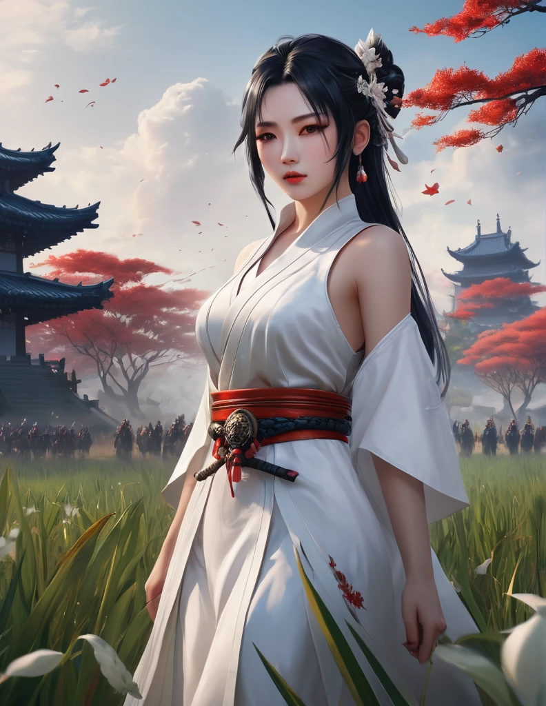 quality(8k wallpaper of extremely detailed CG unit, masterpiece, hight resolution, top-quality, top-quality real texture skin,hyper realisitic, digitial painting,increase the resolution,RAW photos,best qualtiy,highly detailed,the wallpaper),BREAK,8K, Girl in white dress, darkfantasy, onmyoji-style art, standing in middle of war field