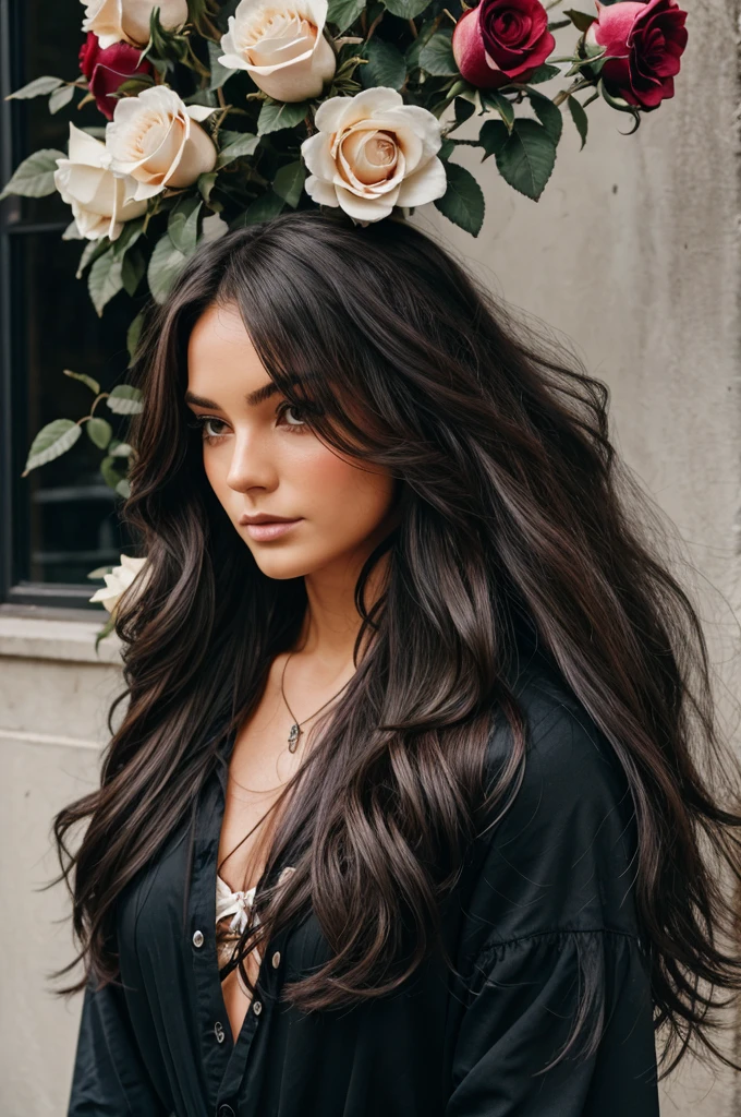 Skull with hair and flowing hair and roses