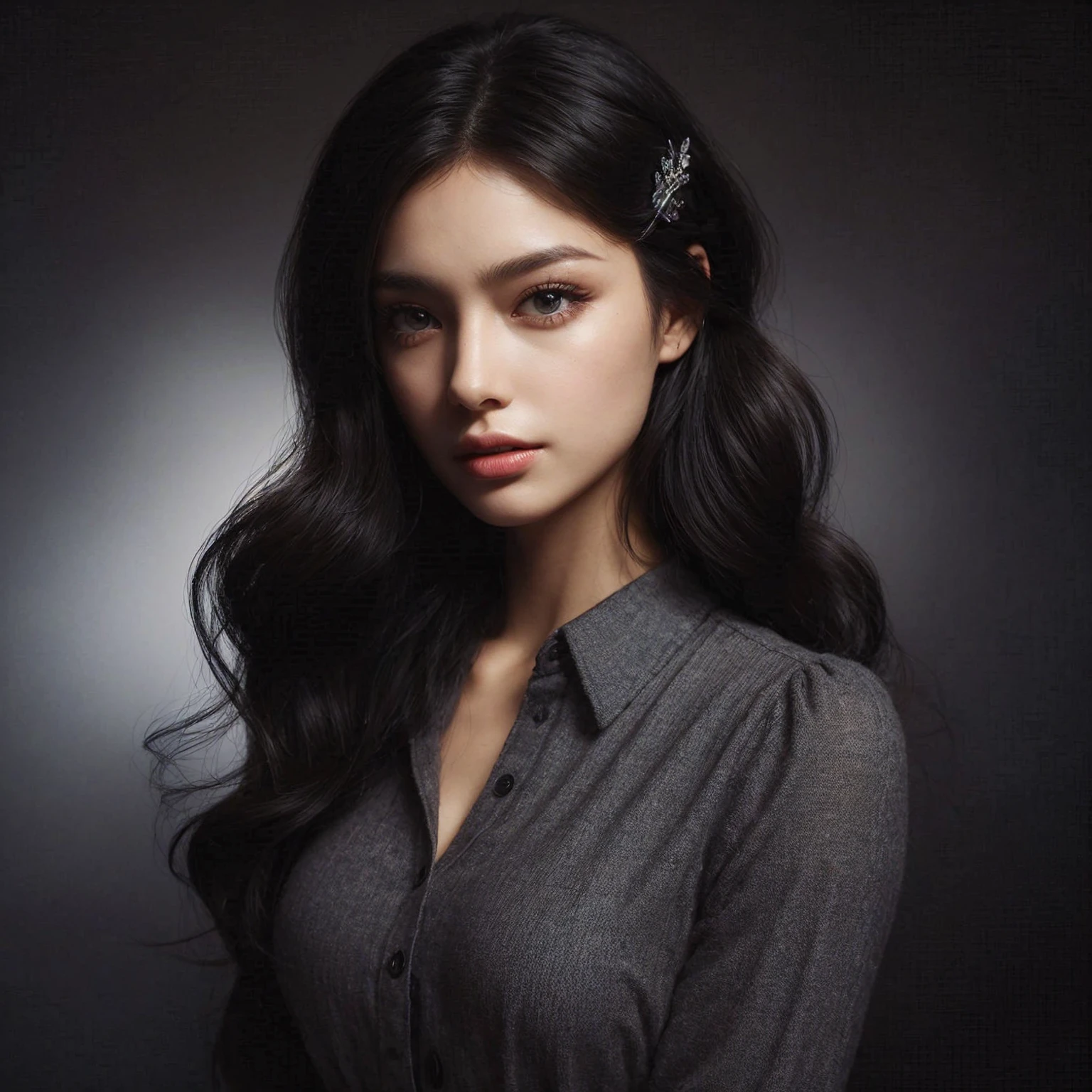 Create a portrait of a young woman with long, flowing black hair, set against a dark, smoky background. She is wearing a gray, button-up shirt and has a poised, elegant expression. The woman has a hairpin with intricate designs in her hair, adding a touch of sophistication to her look. The lighting is soft and dramatic, highlighting her facial features and creating a sense of depth and mystery in the composition.
