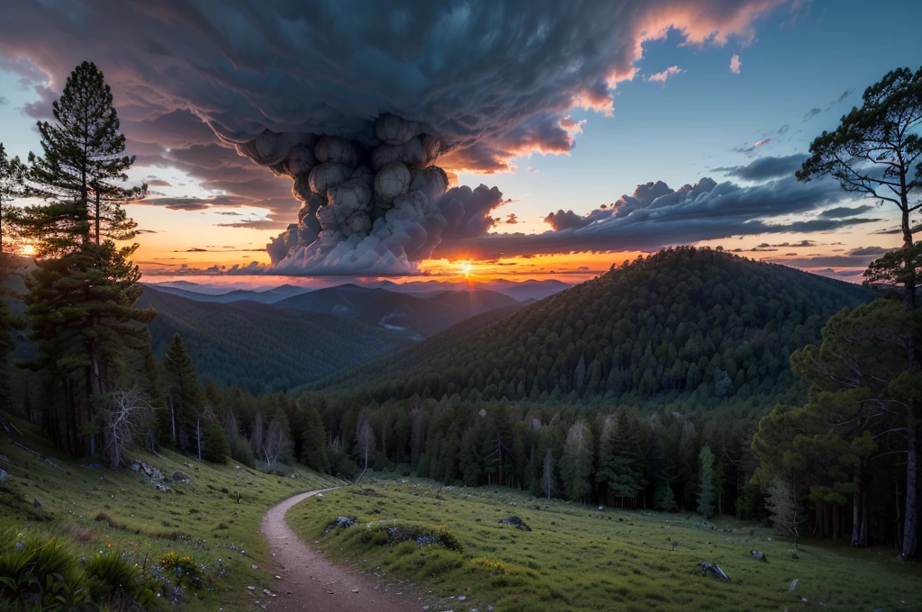 (((Masterpiece))), (high quality), (In the mountains at dusk,The camera is in the forest:1.5),There are lots of big trees around,(It is surrounded by dozens of trees.,ass pov:1.5),(Black clouds cover the sky:1.5),The Storm is Coming,There are large trees all around, and I'm looking up at them.,Realistic