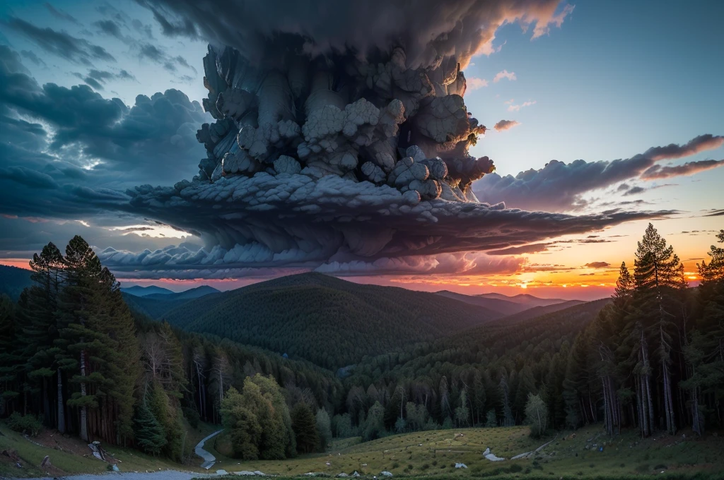 (((Masterpiece))), (high quality), (In the mountains at dusk,The camera is in the forest:1.5),There are lots of big trees around,(It is surrounded by dozens of trees.,ass pov:1.5),(Black clouds cover the sky:1.5),The Storm is Coming,There are large trees all around, and I&#39;m looking up at them.,Realistic
