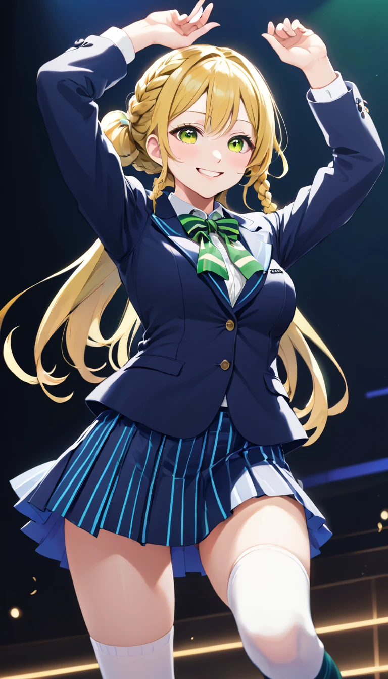 (1girl), (solo),ohara mari, love live! sunshine!, hair rings, blonde hair, yellow eyes, crown braid, medium hair, large breasts , otonokizaka ,winter uniform, green striped bow tie, navy blue blazer, blue striped pleated skirt, thigh high socks,loafers,smile,closed mouth,kneeling on stage,arms straight up stretching,from front, BREAK score_9, score_8_up, score_7_up, score_6_up, source_anime