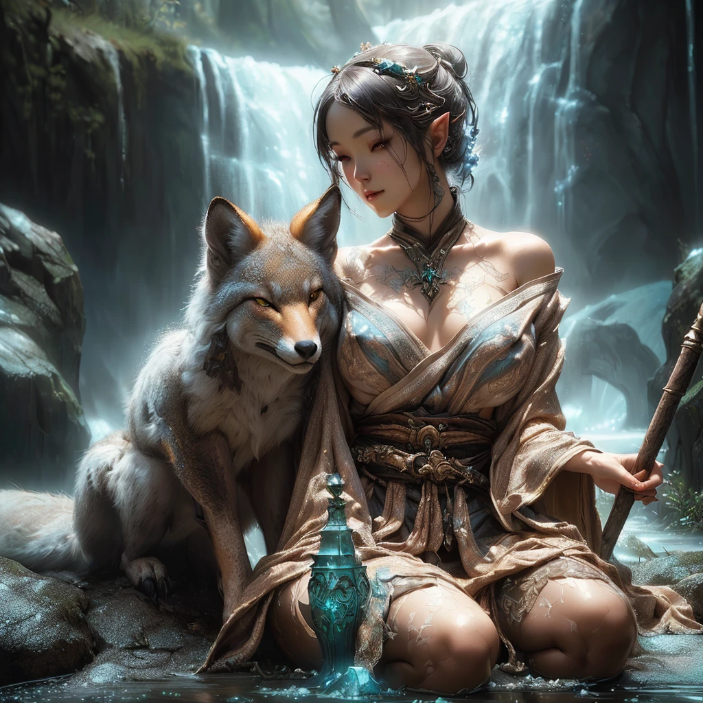 {(nsfw:1.2),(nipples:1.2)},An elven woman sitting on the ground with a gray fox beside her, wlop and ross tran, Ross Tran and WLOP, realistic fantasy photography, Surreal fantasy art, Digital fantasy art ), Fantasy art style, Beautiful digital art, Realistic fantasy painting, trending Digital fantasy art, Realistic fantasy art, realistic fantasy render, Breathtaking fantasy art