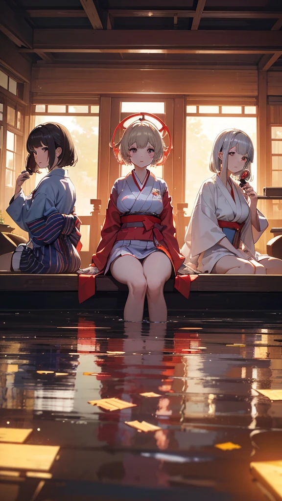 smile、Red cheeks、Official Art, masterpiece, Highest quality,Portrait of three girls、, JK , Rainbow bikini with yukata、(silver, metallic, ) 8K, Blonde,short hair, High resolution, ( Butt:1.2)(headphone:1.2),(Excellent rendering, Stand out in the same class), (Amazing details, Excellent lighting, Wide-angle), Big Breasts(0.6), Absolute area, Detailed Background、